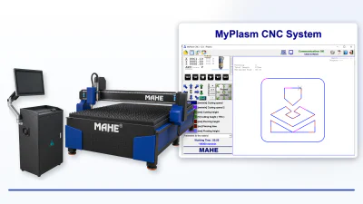 MAHE MPT Plasmaschneidtisch mit Bedienkonsole und dem Hauptfenster der Steuerung MyPlasm CNC